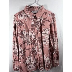 Denim & Co. Floral Button Front Shirt Size Medium Dusty Rose Mauve Long Sleeve